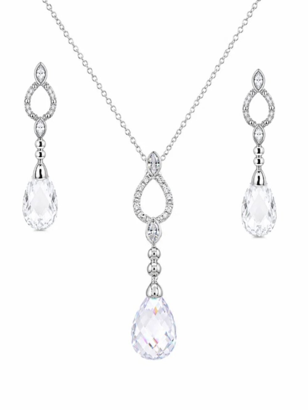 Sterling Silver 925 Open Teardrop CZ Dangling Earrings, Necklace Bridal Set